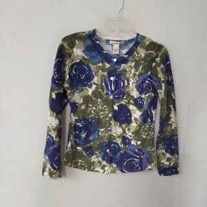 Susan Bristol Floral Cardigan Women Small Blue Green Rose Angora Blend Sweater